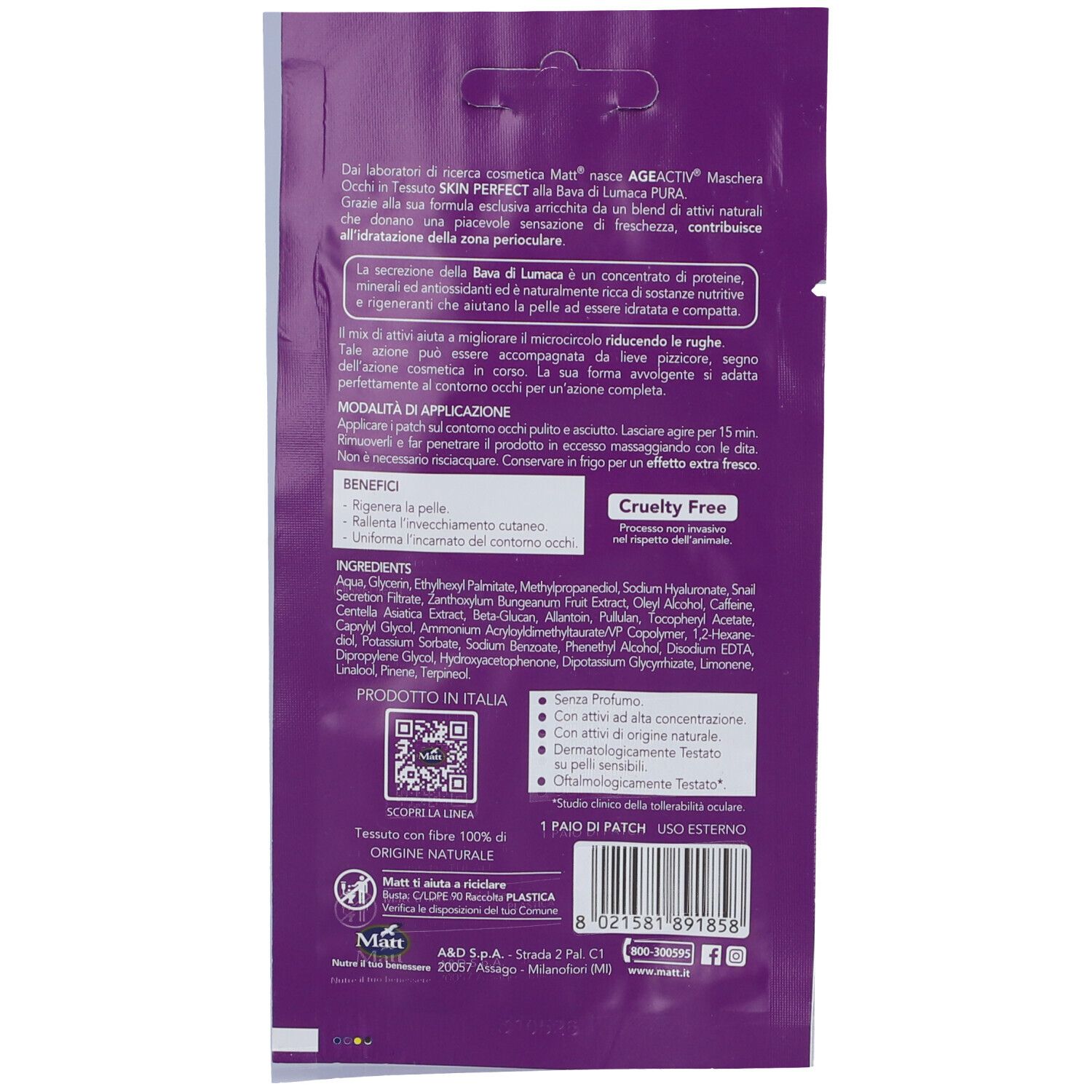 Retro di una confezione viola per maschere occhi con ingredienti e istruzioni.