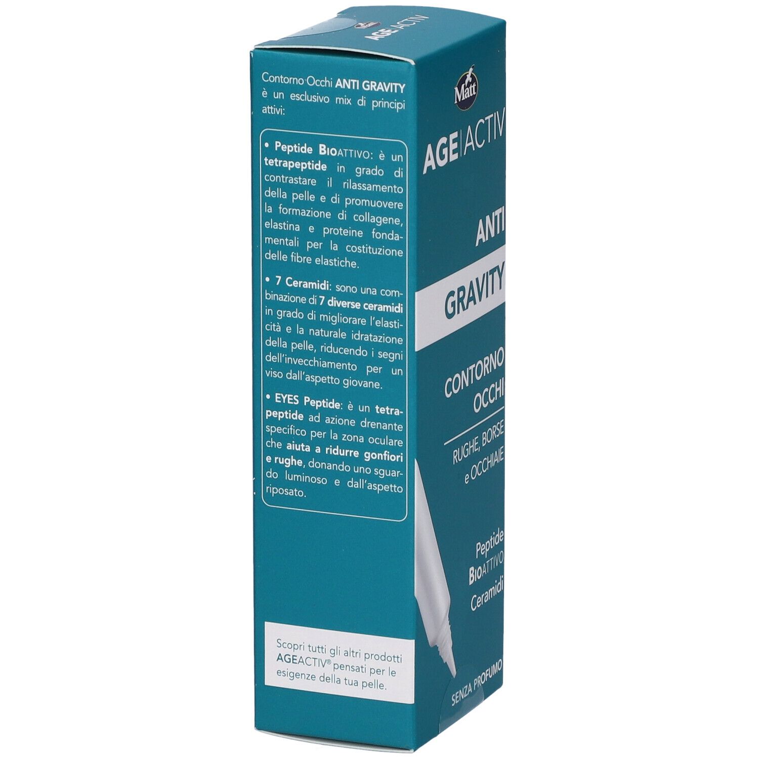 Confezione crema contorno occhi Matt AGE ACTIV Anti Gravity, vista laterale con ingredienti e descrizione peptide.