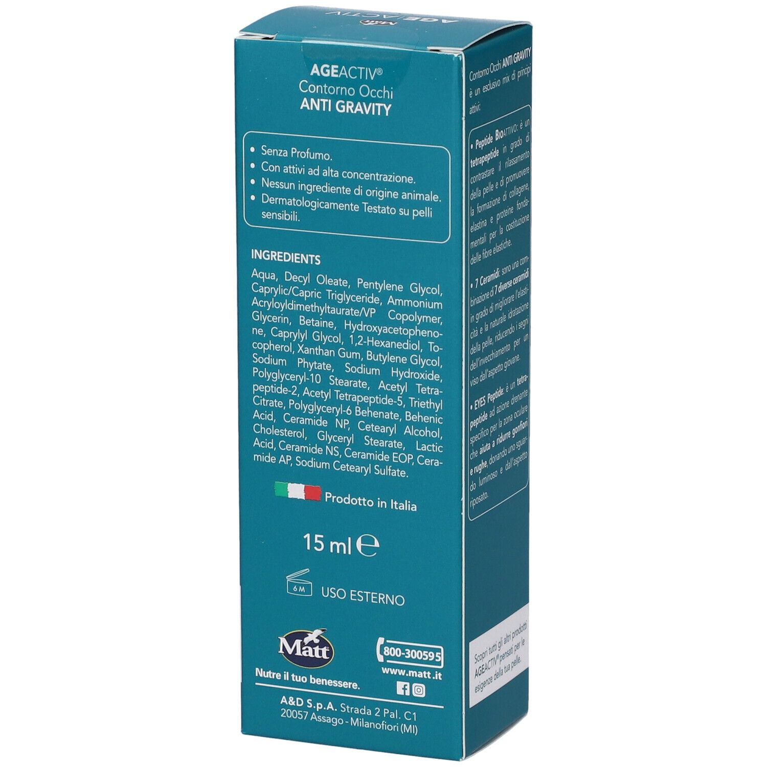 Confezione crema contorno occhi Matt AGE ACTIV Anti Gravity, retro con ingredienti, volume e origine.