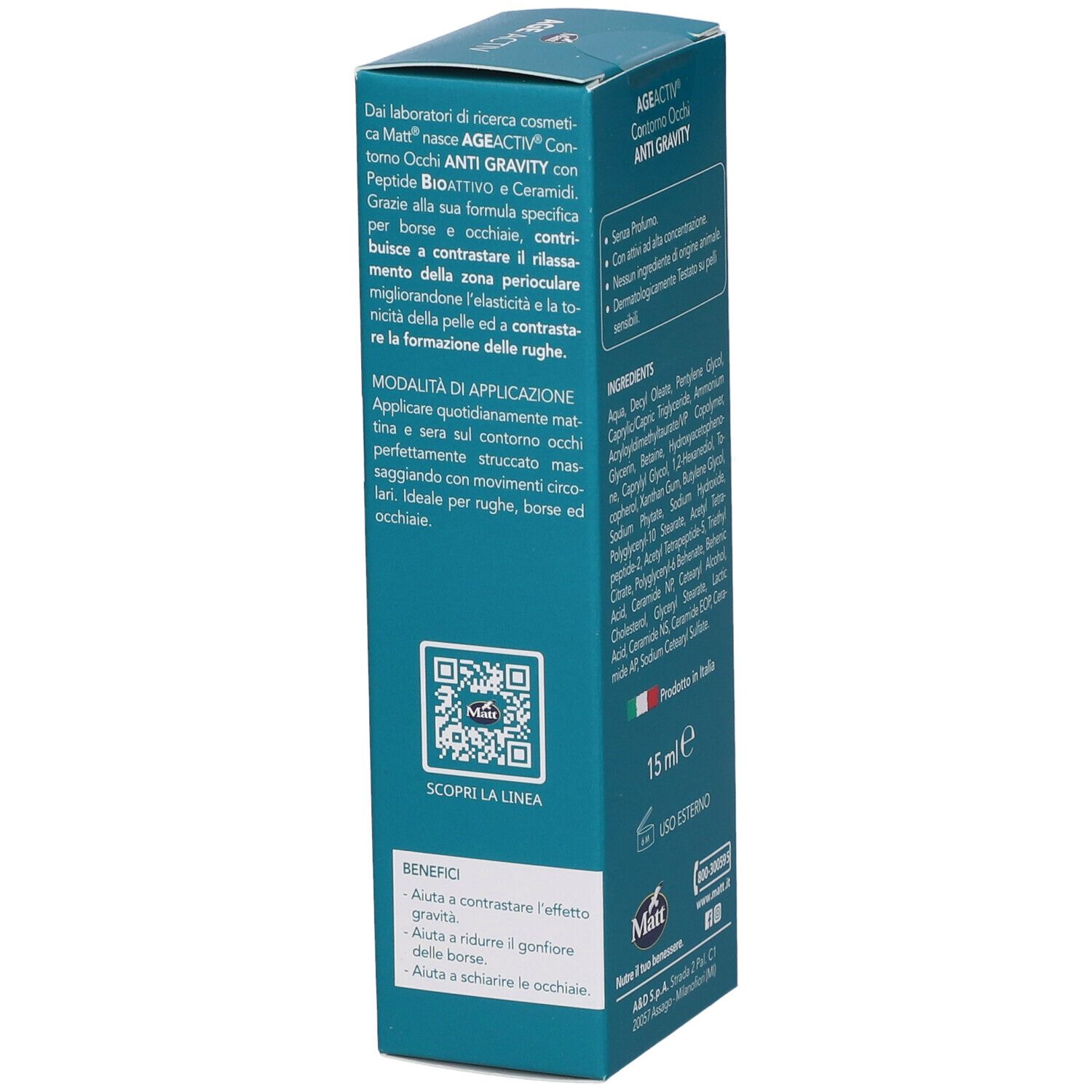 Confezione crema contorno occhi Matt AGE ACTIV Anti Gravity, vista laterale con modalità d'uso e QR code.
