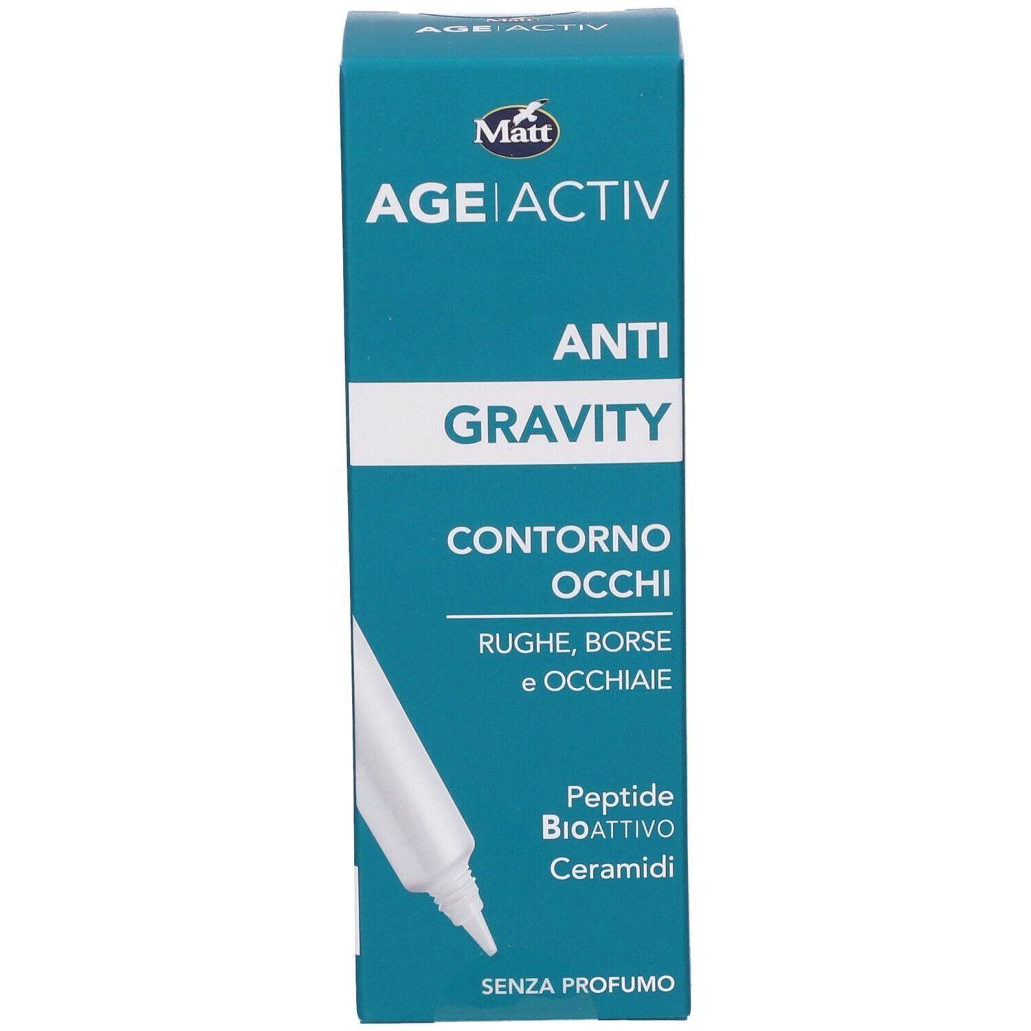 Confezione crema contorno occhi Matt AGE ACTIV Anti Gravity con applicatore. Contiene peptidi e ceramidi.