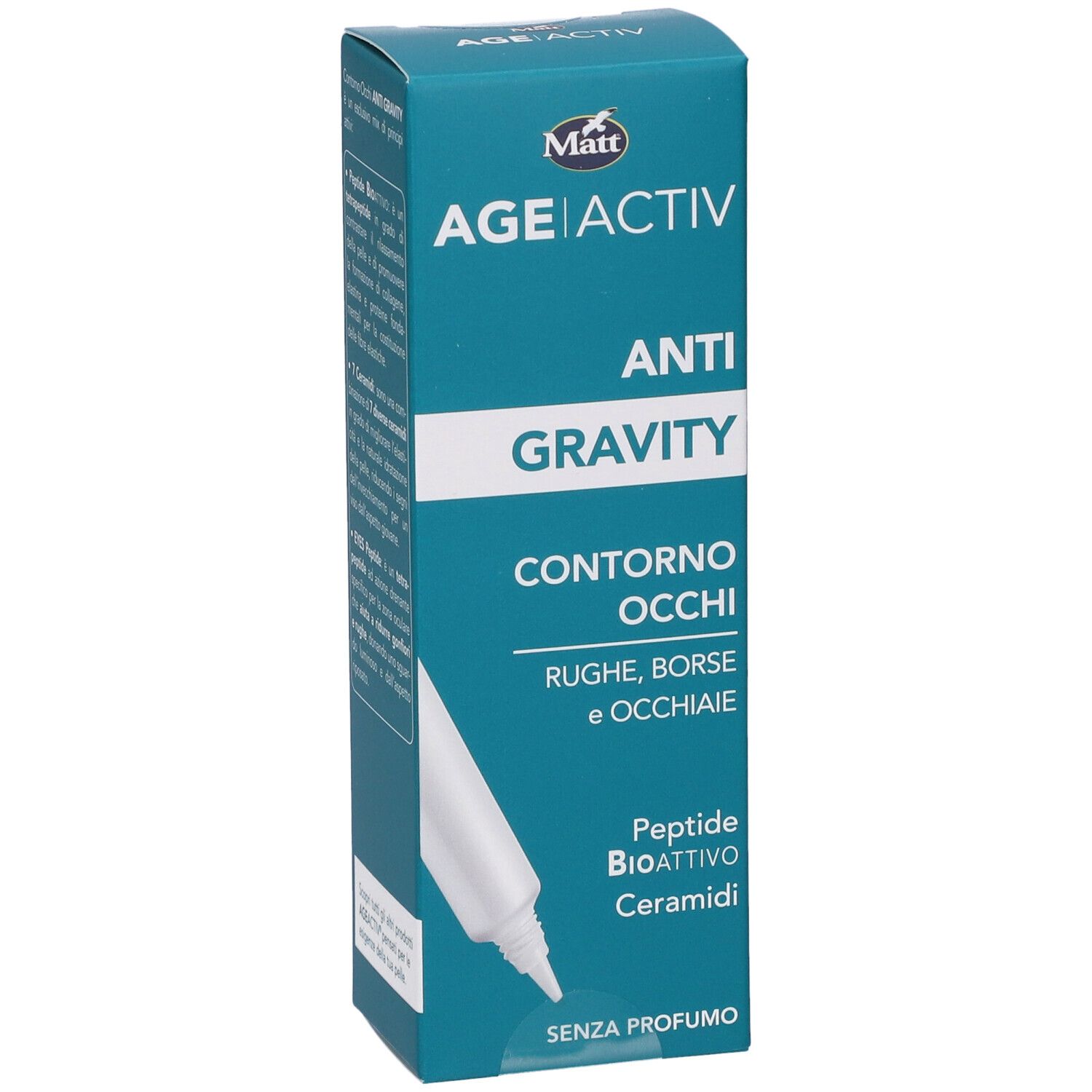 Confezione crema contorno occhi Matt AGE ACTIV Anti Gravity con applicatore. Contiene peptidi e ceramidi.