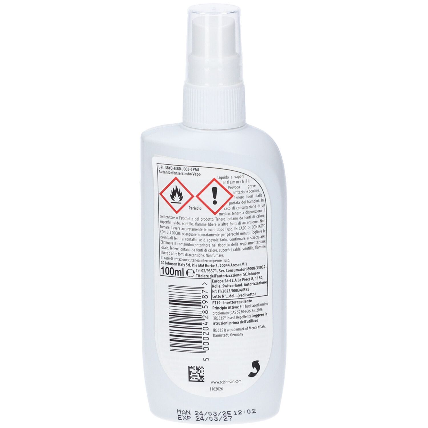 Retro del flacone Autan Defense Bimbo. Contiene avvertenze e codice a barre. 100ml. Date di produzione e scadenza.