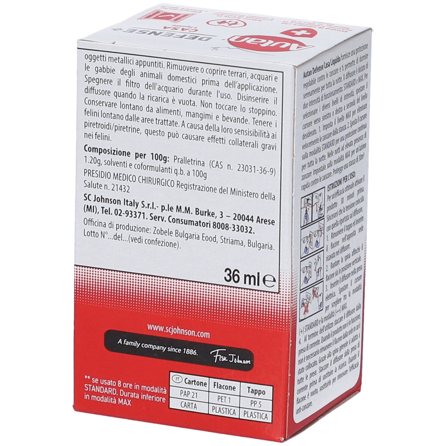 Autan Defense Casa: Vista laterale della confezione con contenuto (36 ml) e informazioni del produttore.