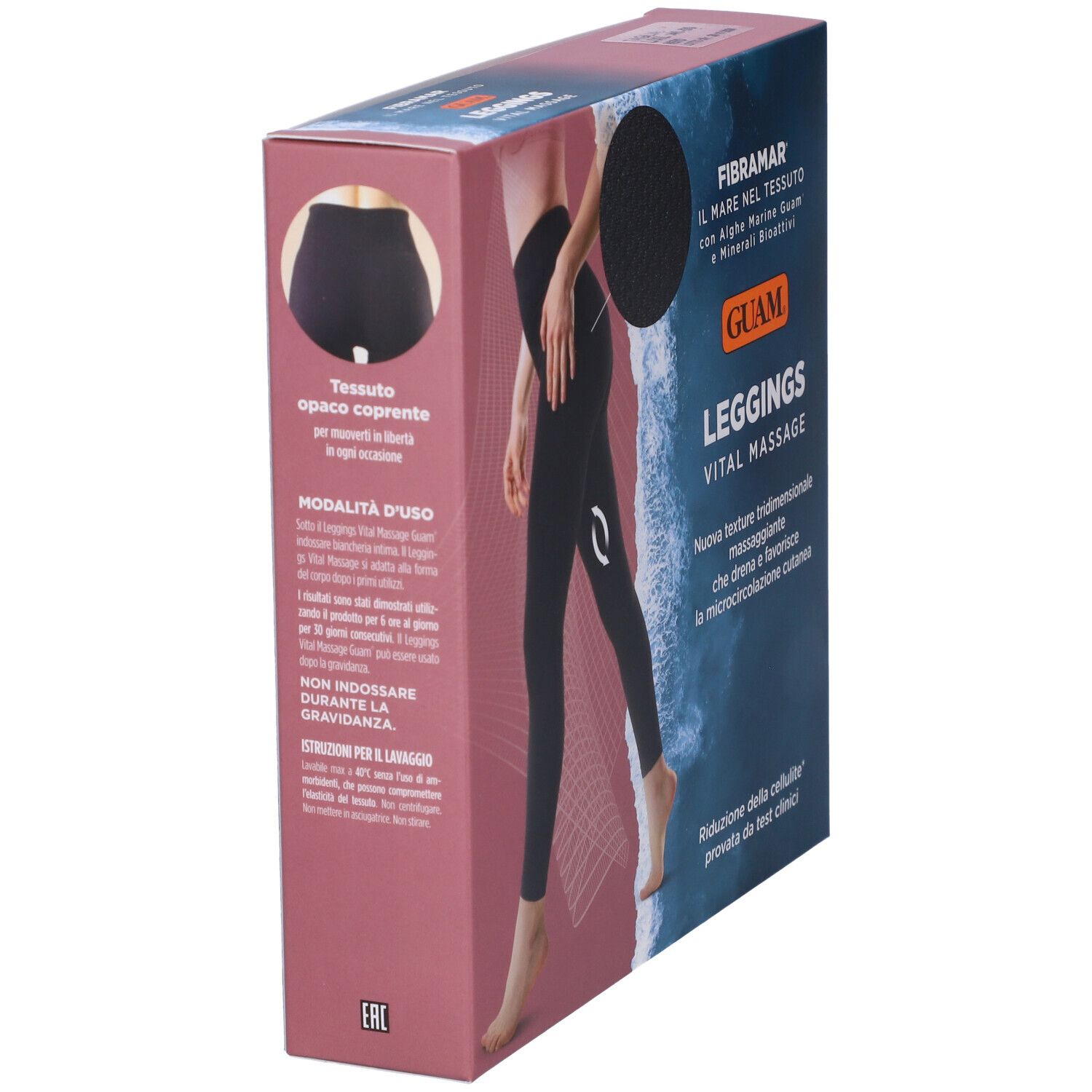 Confezione di leggings neri. Scritta: Guam Leggings Vital Massage. Vista laterale della confezione.