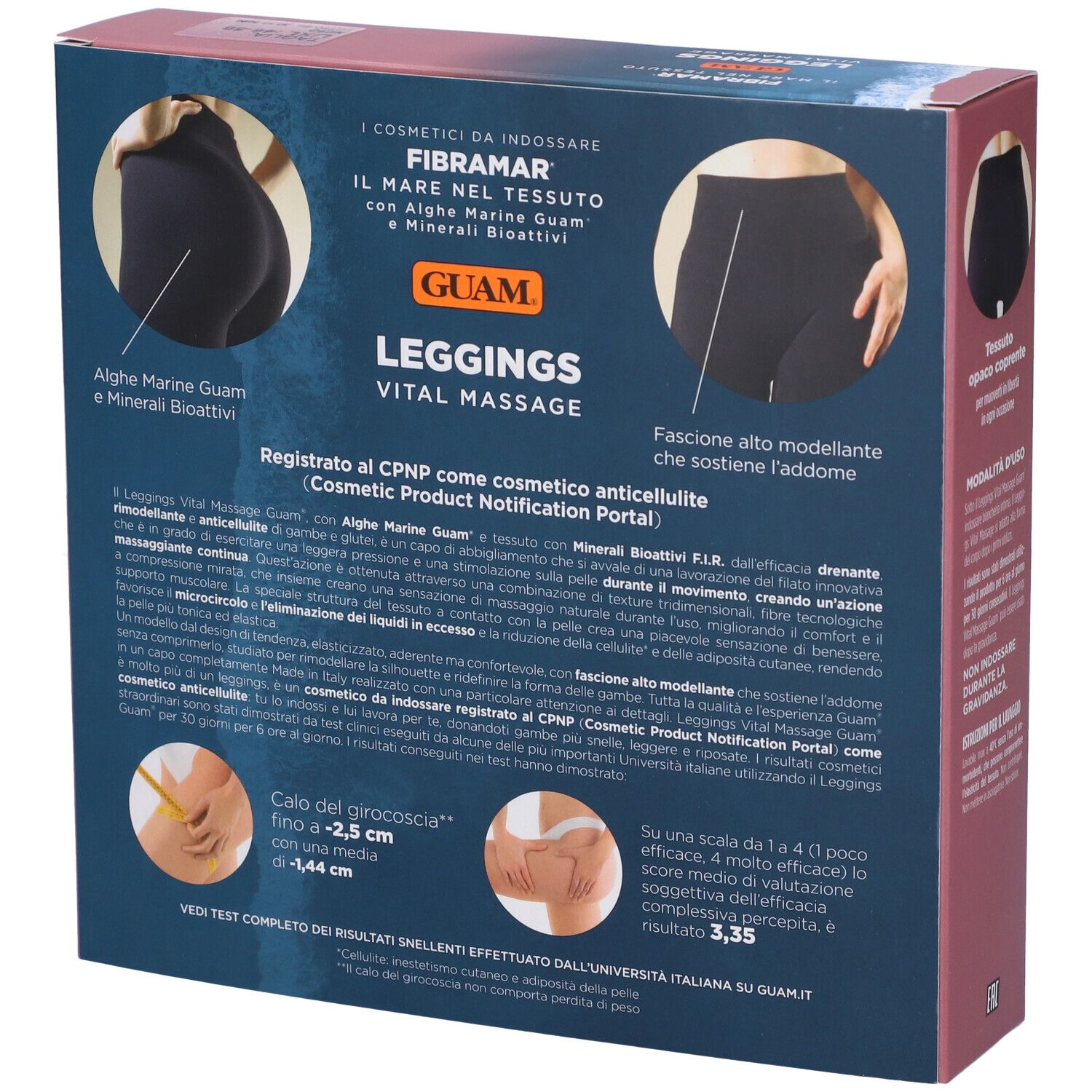 Retro della confezione di leggings neri. Scritta: Guam Leggings Vital Massage. Testo e illustrazioni.