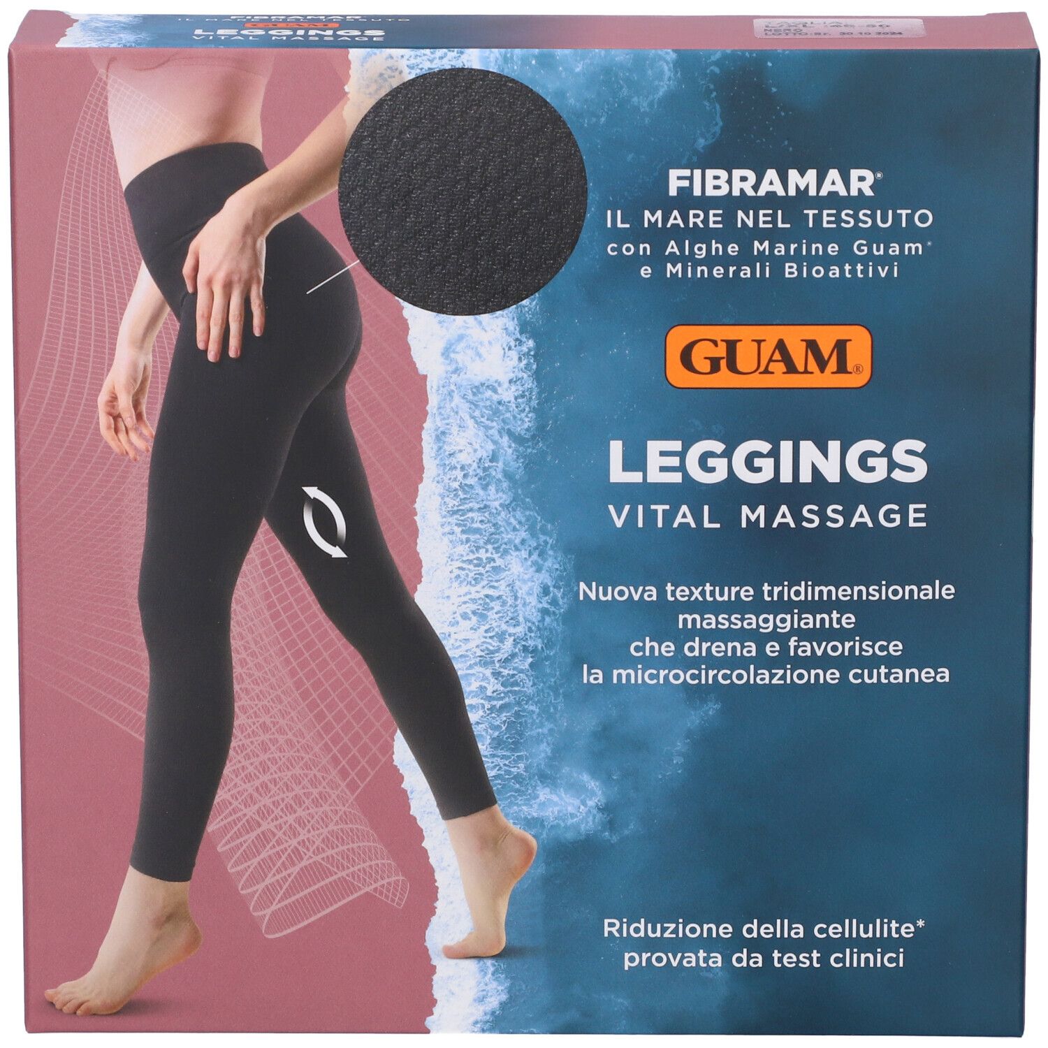 Confezione di leggings neri. Scritta: Guam Leggings Vital Massage. Illustrazione di donna con leggings.