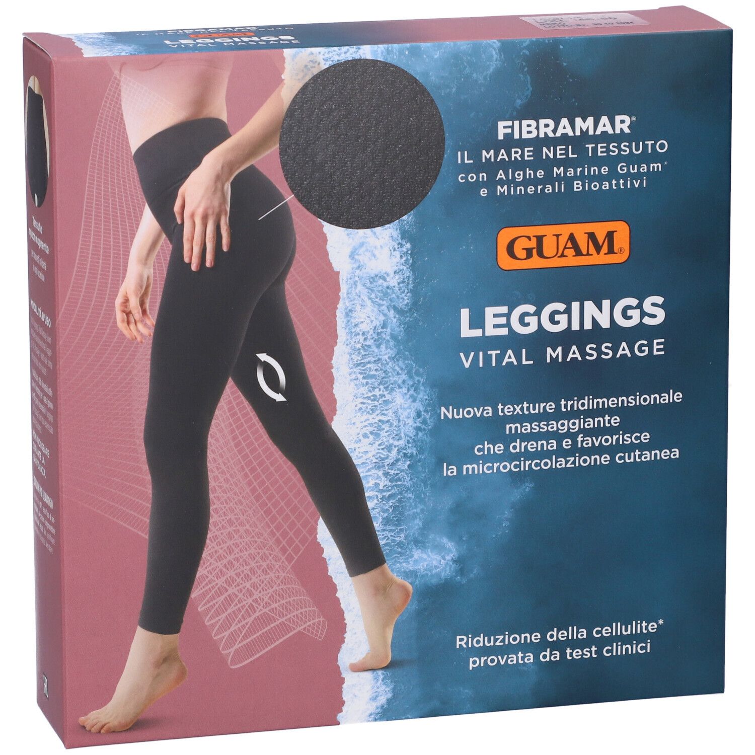 Confezione di leggings neri. Scritta: Guam Leggings Vital Massage. Illustrazione di donna con leggings.