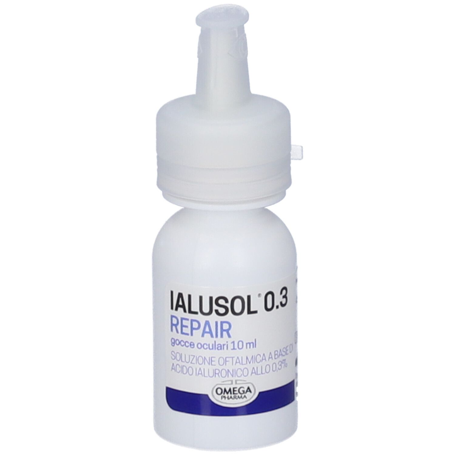 Flacone bianco di gocce oculari con tappo bianco. Scritta: IALUSOL 0.3 REPAIR. Contiene acido ialuronico 0,3%.