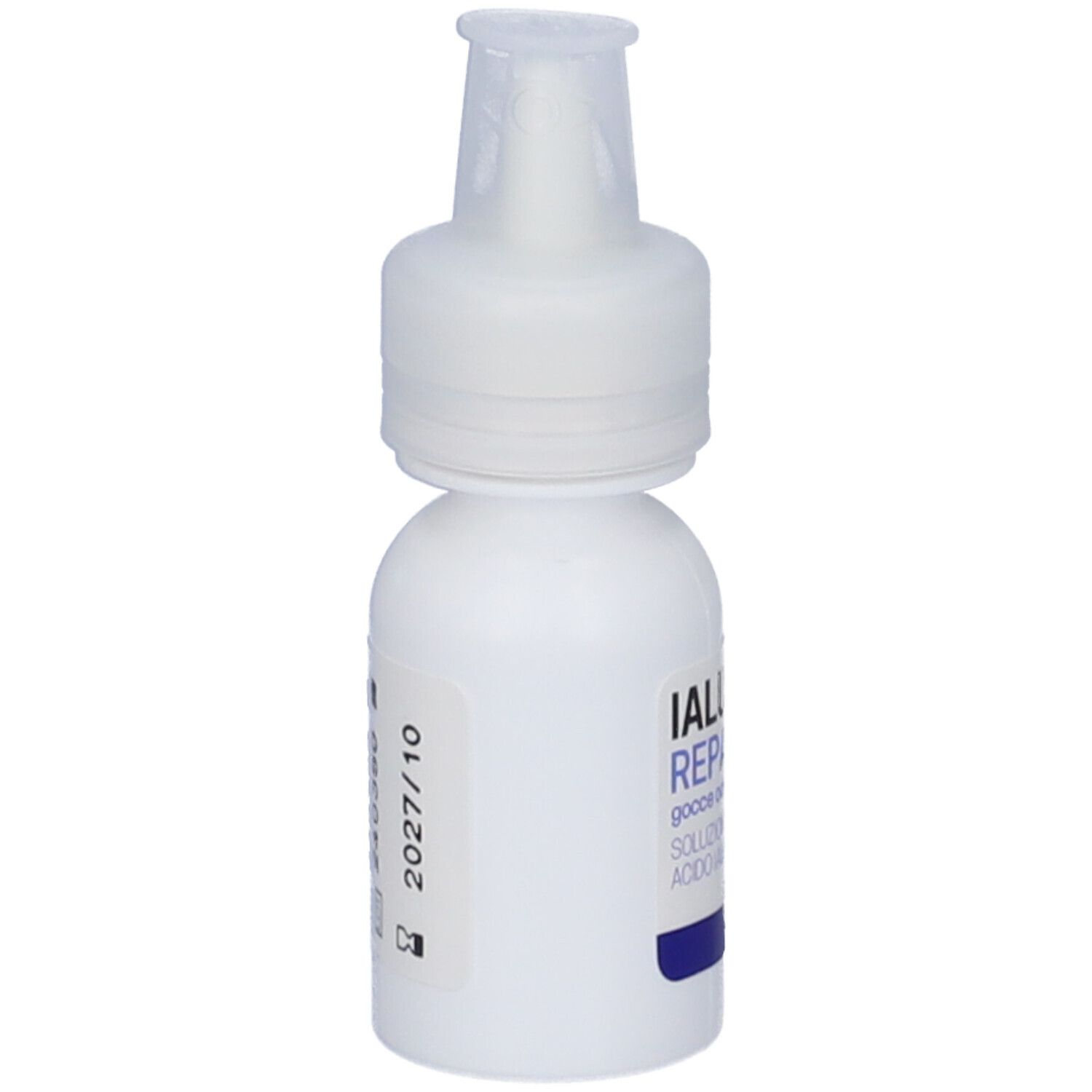 Flacone bianco di gocce oculari con tappo bianco. Scritta: IALUSOL 0.3 REPAIR. Con data di scadenza.