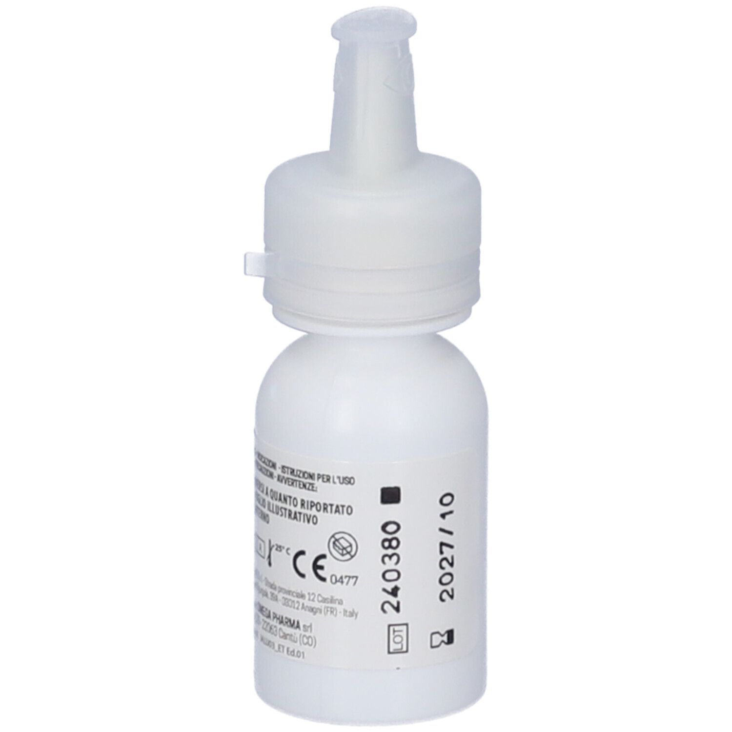 Flacone bianco di gocce oculari con tappo bianco. Scritta: IALUSOL 0.3 REPAIR. Con informazioni di produzione.