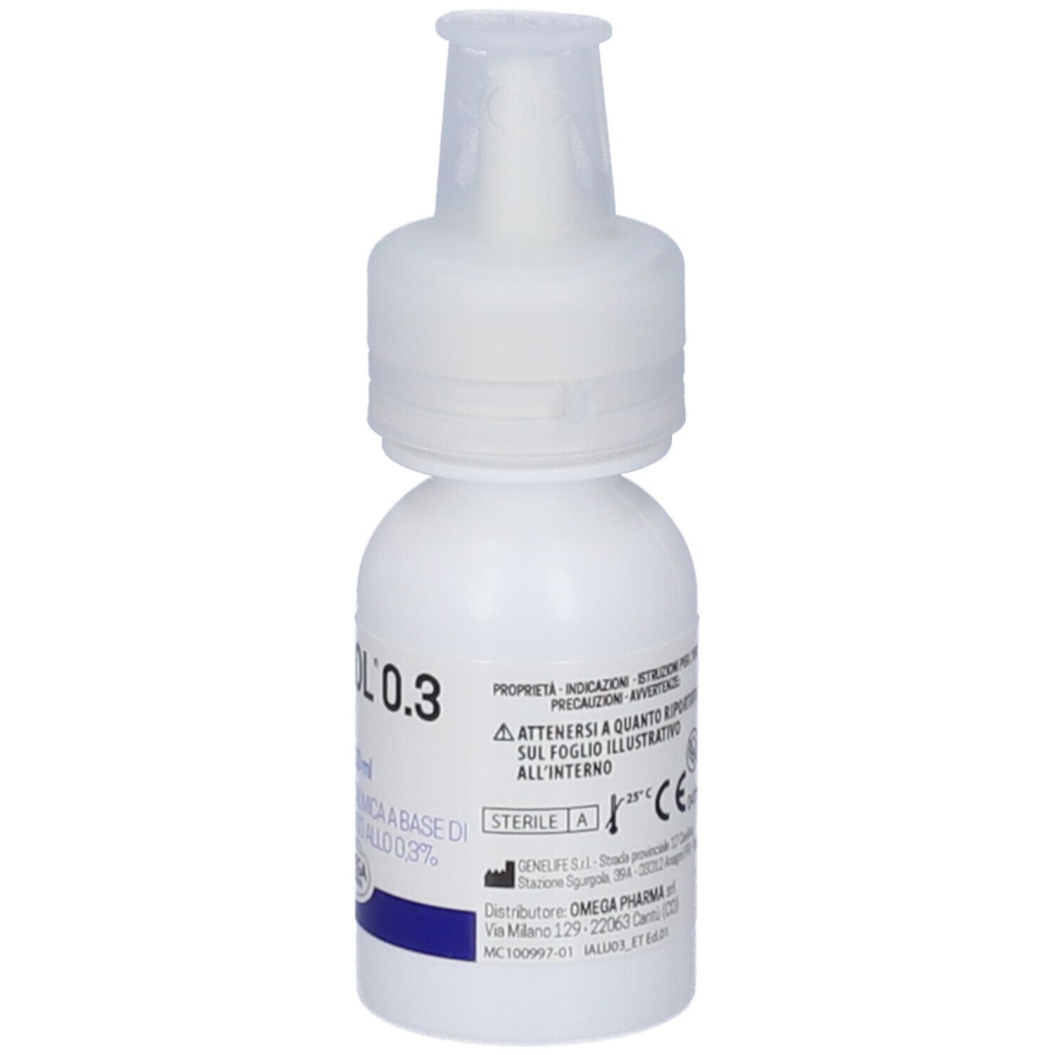 Flacone bianco di gocce oculari con tappo bianco. Scritta: IALUSOL 0.3 REPAIR. Con informazioni di produzione.