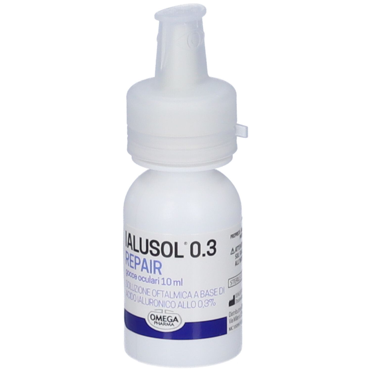 Flacone bianco di gocce oculari con tappo bianco. Scritta: IALUSOL 0.3 REPAIR. Con informazioni di produzione.