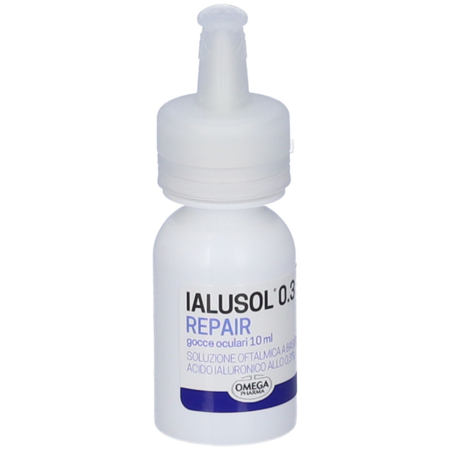Flacone bianco di gocce oculari con tappo bianco. Scritta: IALUSOL 0.3 REPAIR. Con informazioni di produzione.