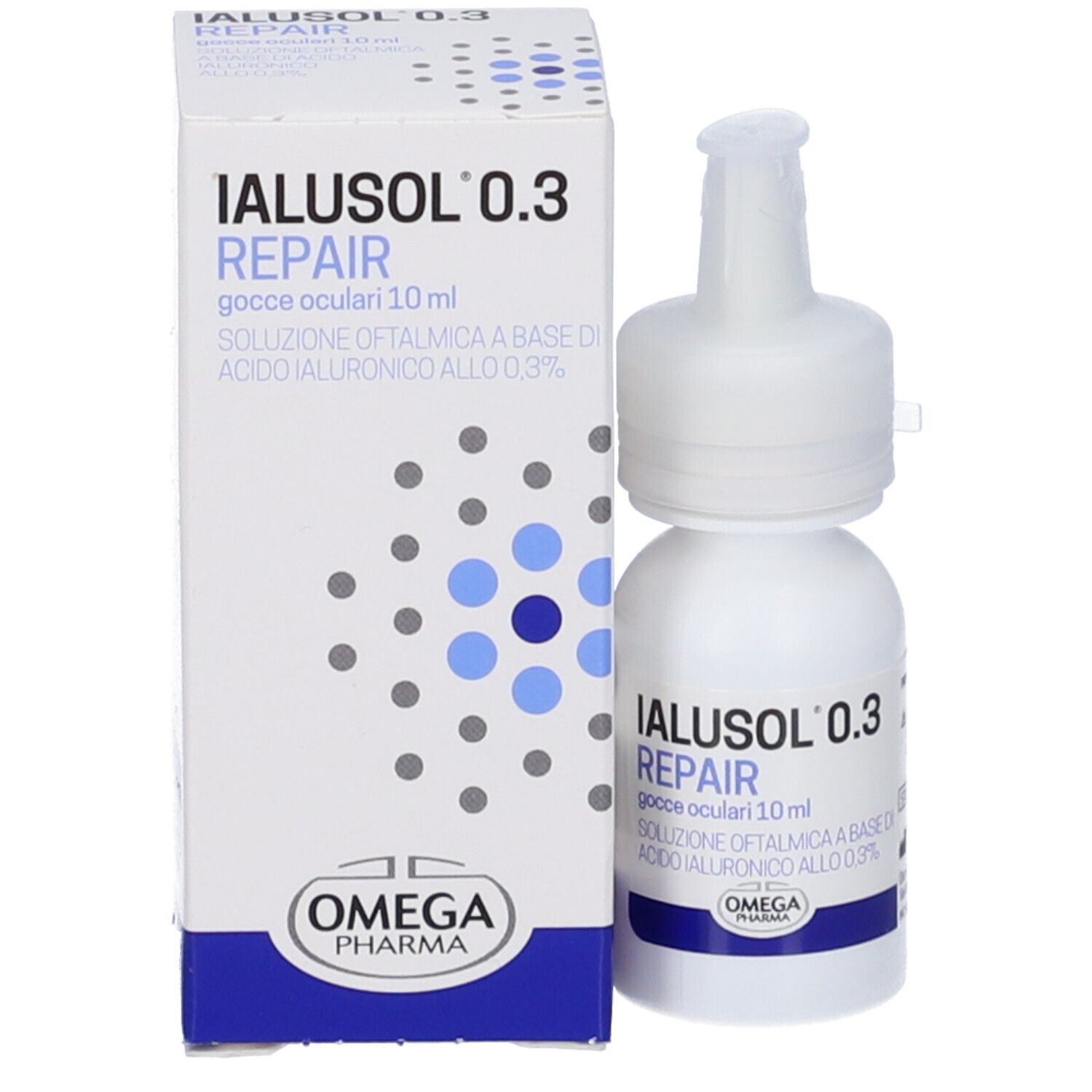 Flacone bianco di gocce oculari con tappo bianco. Scritta: IALUSOL 0.3 REPAIR. Con informazioni di produzione.