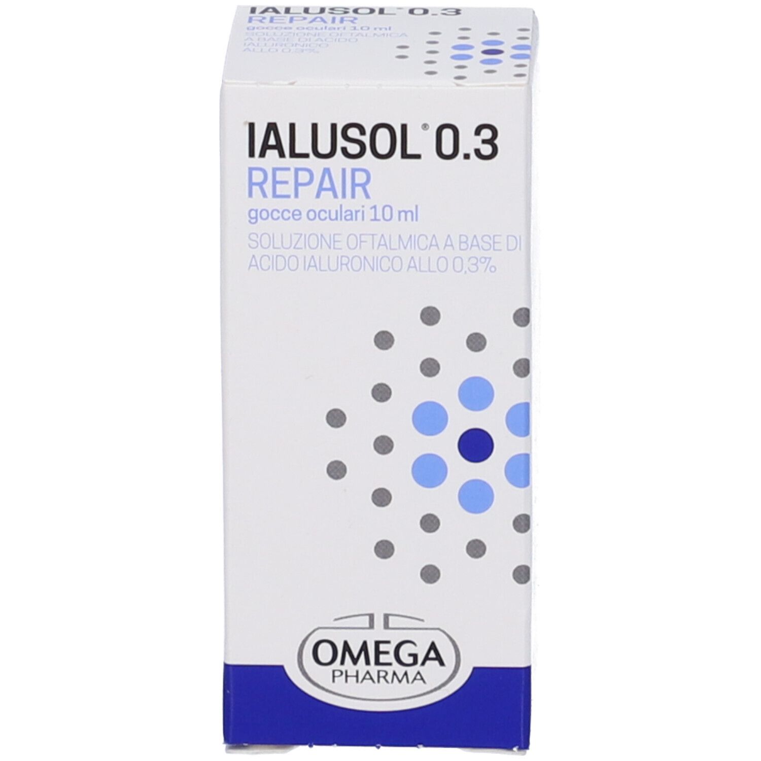 Confezione e flacone di gocce oculari. Scritta: IALUSOL 0.3 REPAIR. Marchio: Omega Pharma.