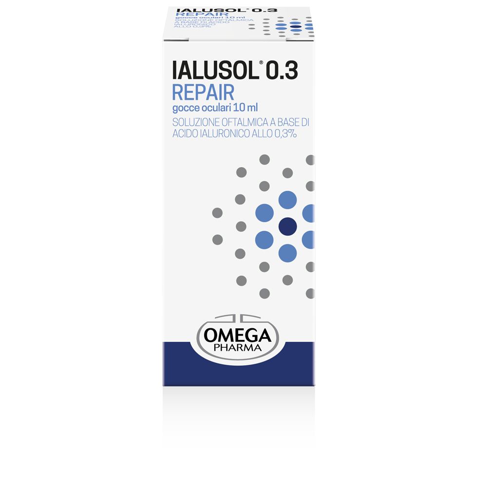 Confezione di gocce oculari. Scritta: IALUSOL 0.3 REPAIR. Contiene acido ialuronico 0,3%. Marchio: Omega Pharma.