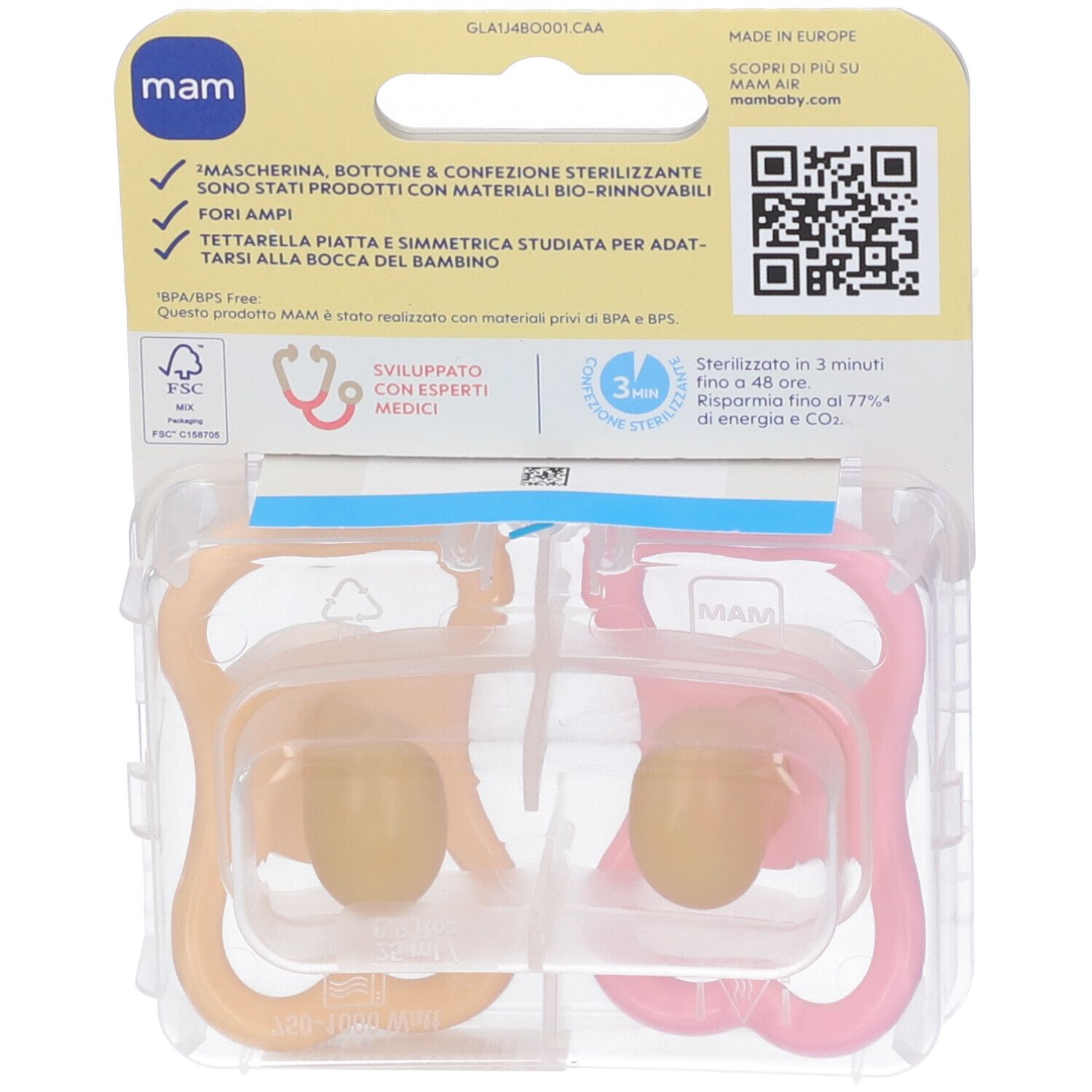 Retro confezione blister con due succhietti. Logo MAM, testo, codice QR, certificazione FSC, indicazioni sterilizzazione.