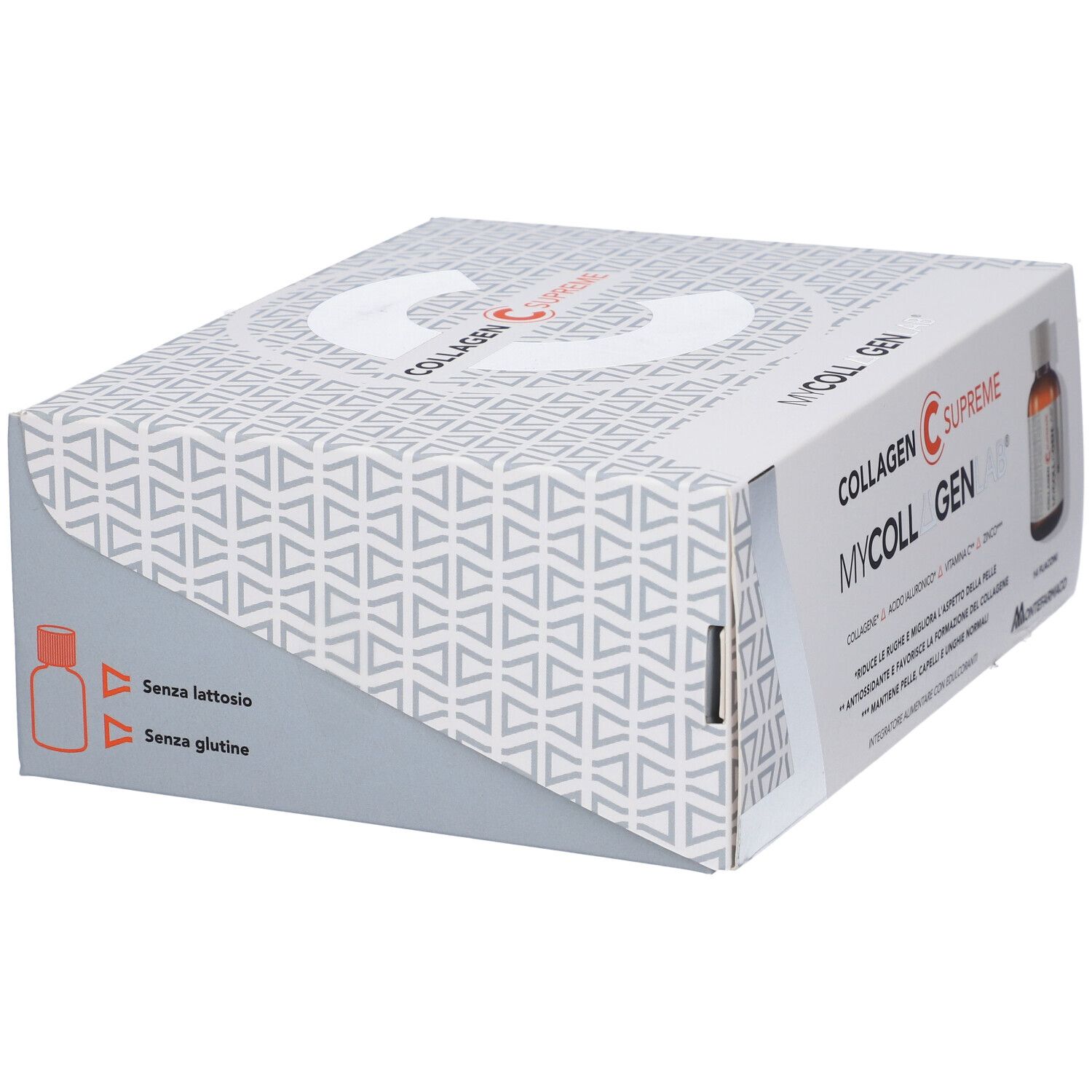 Scatola con flaconcini. Scritta: Mycollagenlab. Senza lattosio, senza glutine. Marchio Montefarmaco.