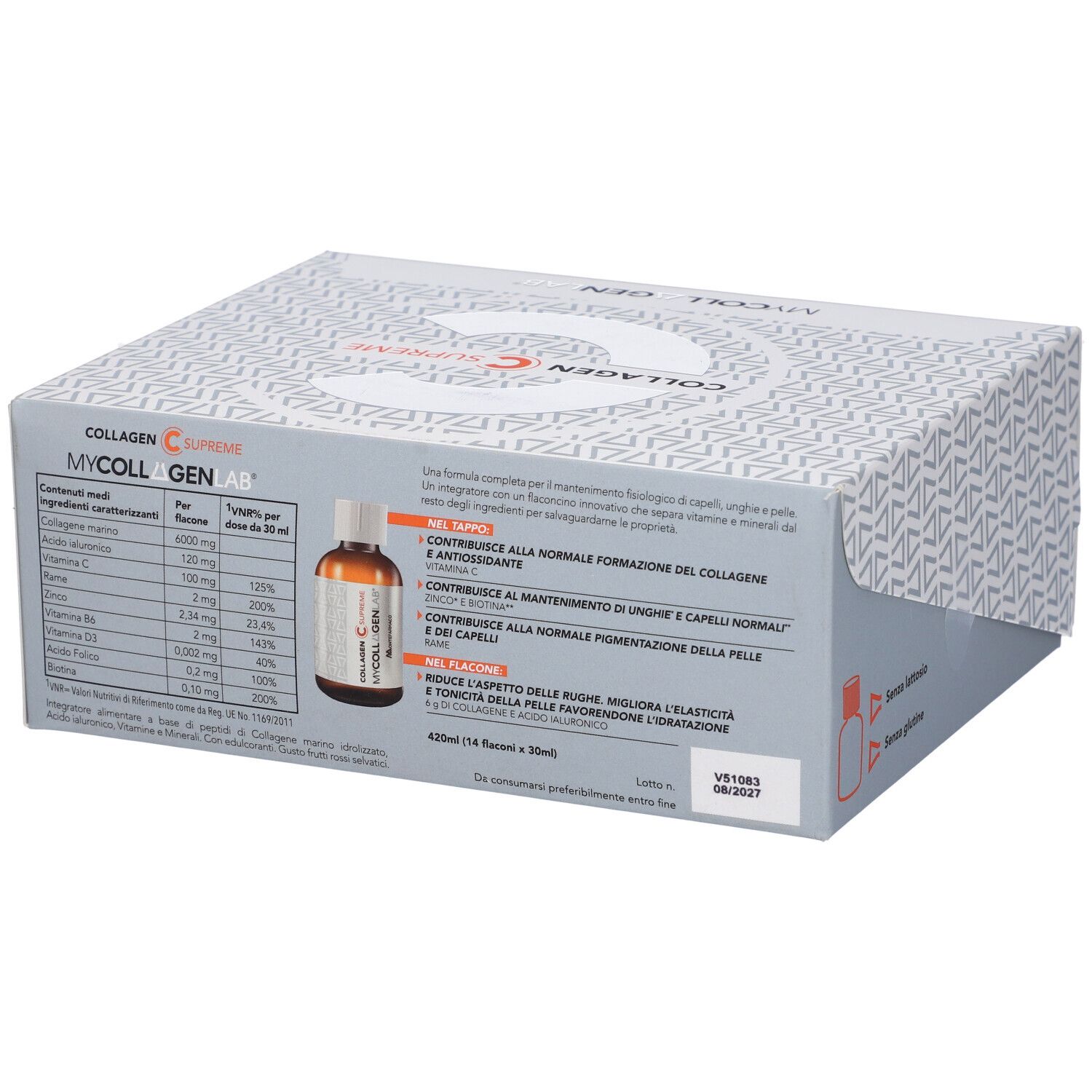Scatola con flaconcini. Scritta: Mycollagenlab. Contiene ingredienti e informazioni nutrizionali. Marchio Montefarmaco.