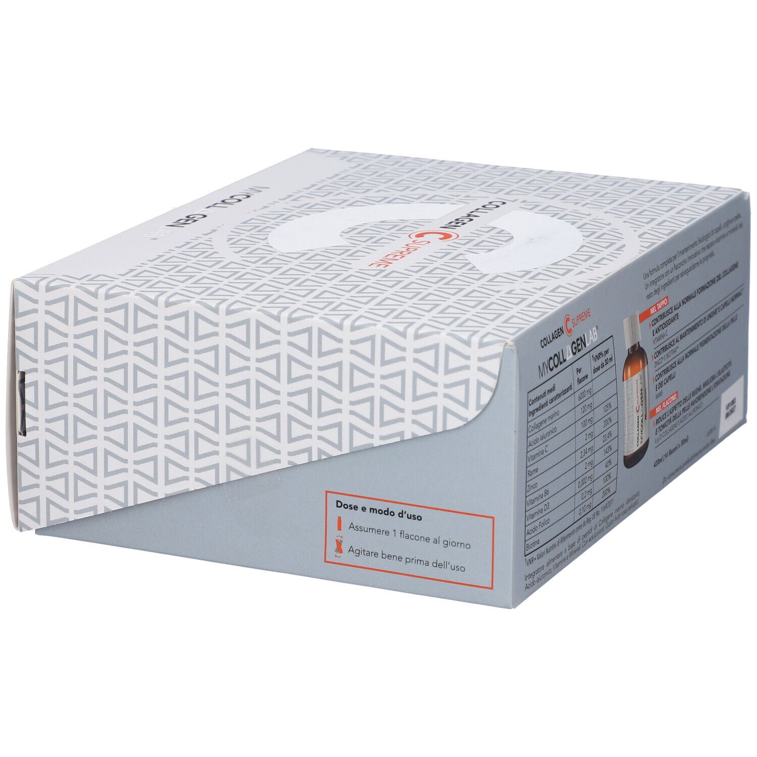 Scatola con flaconcini. Scritta: Mycollagenlab. Dosaggio e modo d'uso. Marchio Montefarmaco.