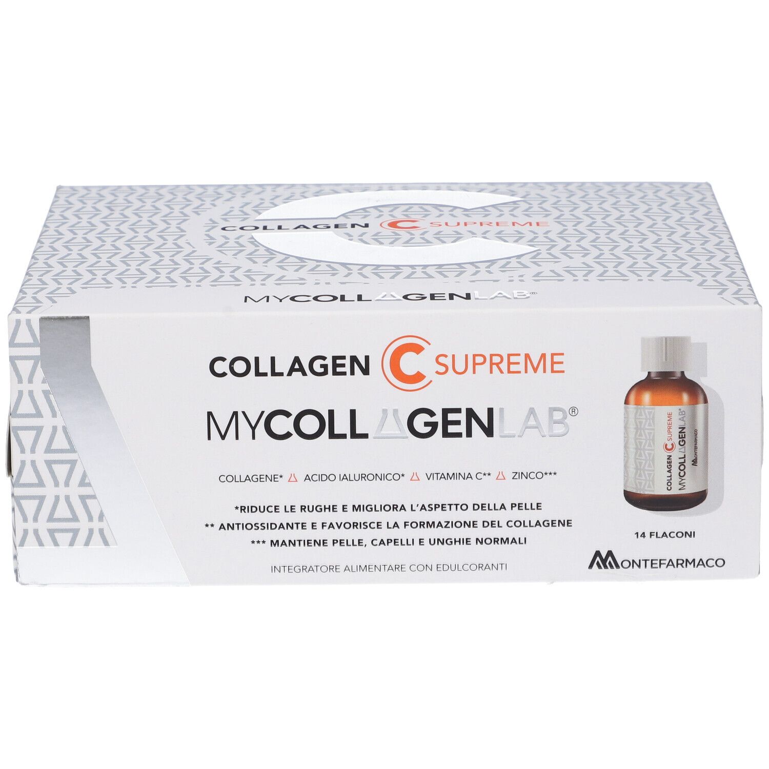 Scatola con flaconcini. Scritta: Collagen C Supreme, Mycollagenlab. Contiene 14 flaconcini. Marchio Montefarmaco.