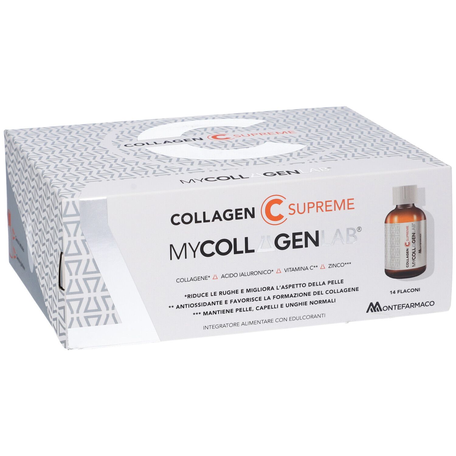 Scatola con flaconcini. Scritta: Collagen C Supreme, Mycollagenlab. Contiene 14 flaconcini. Marchio Montefarmaco.
