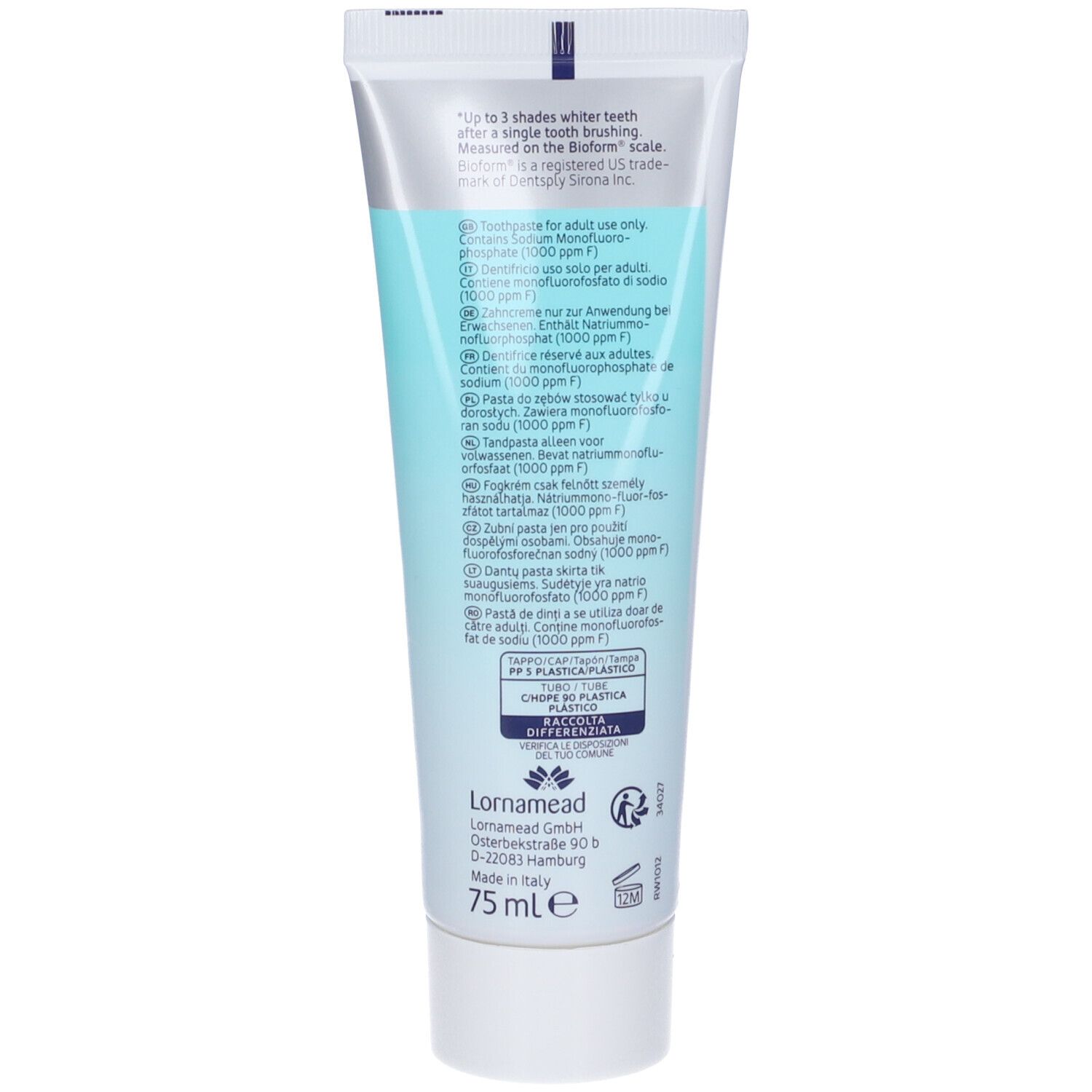 Retro del tubo di dentifricio 'Rapid White'. Informazioni su ingredienti, uso e produttore. 75 ml.