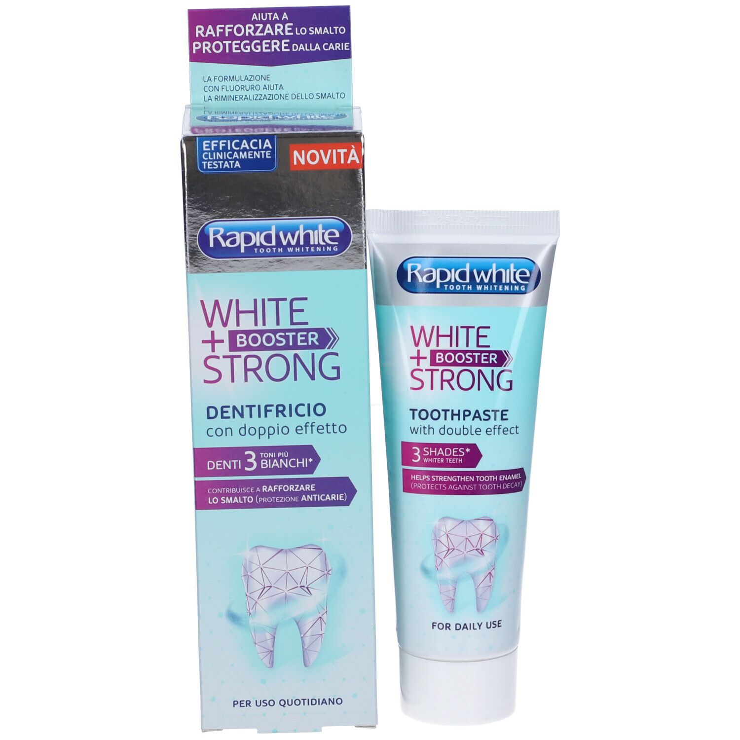 Dentifricio 'Rapid White' con confezione. Contiene 'White + Booster Strong'. Doppia azione, 3 tonalità più bianche. Uso quotidiano.