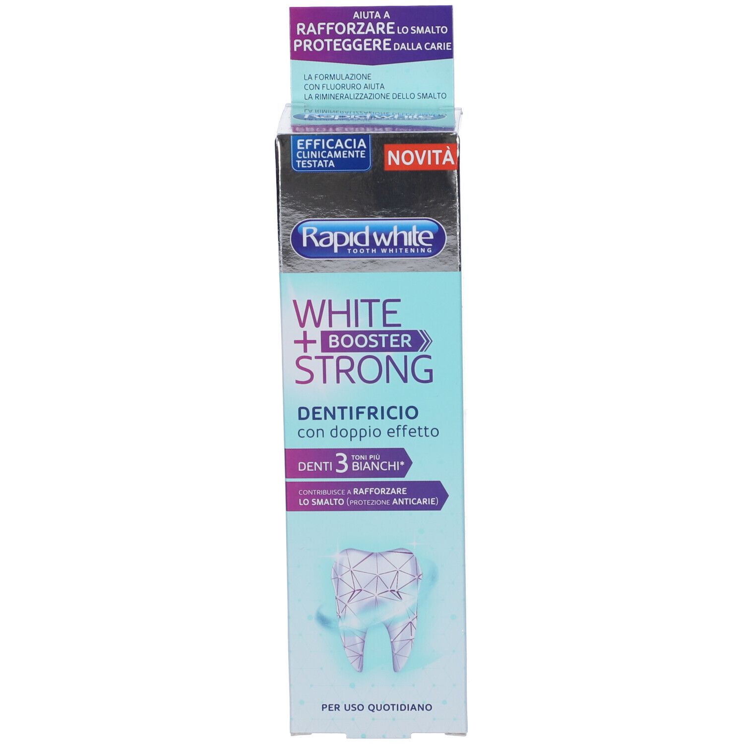 Confezione dentifricio 'Rapid White'. Contiene 'White + Booster Strong'. Doppia azione, 3 tonalità più bianche. Scritta 'Novità'.