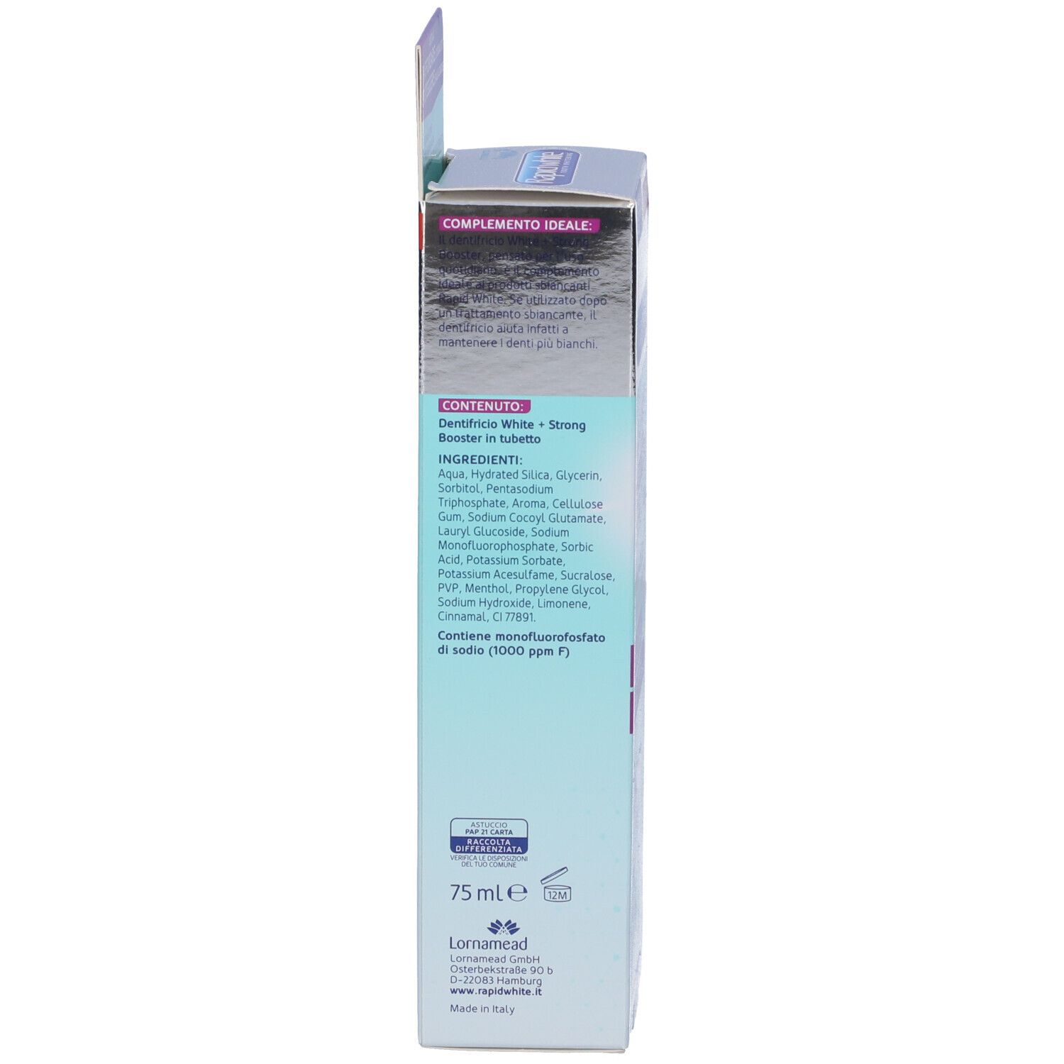 Vista laterale della confezione del dentifricio 'Rapid White'. Contiene ingredienti e informazioni del produttore. 75 ml.