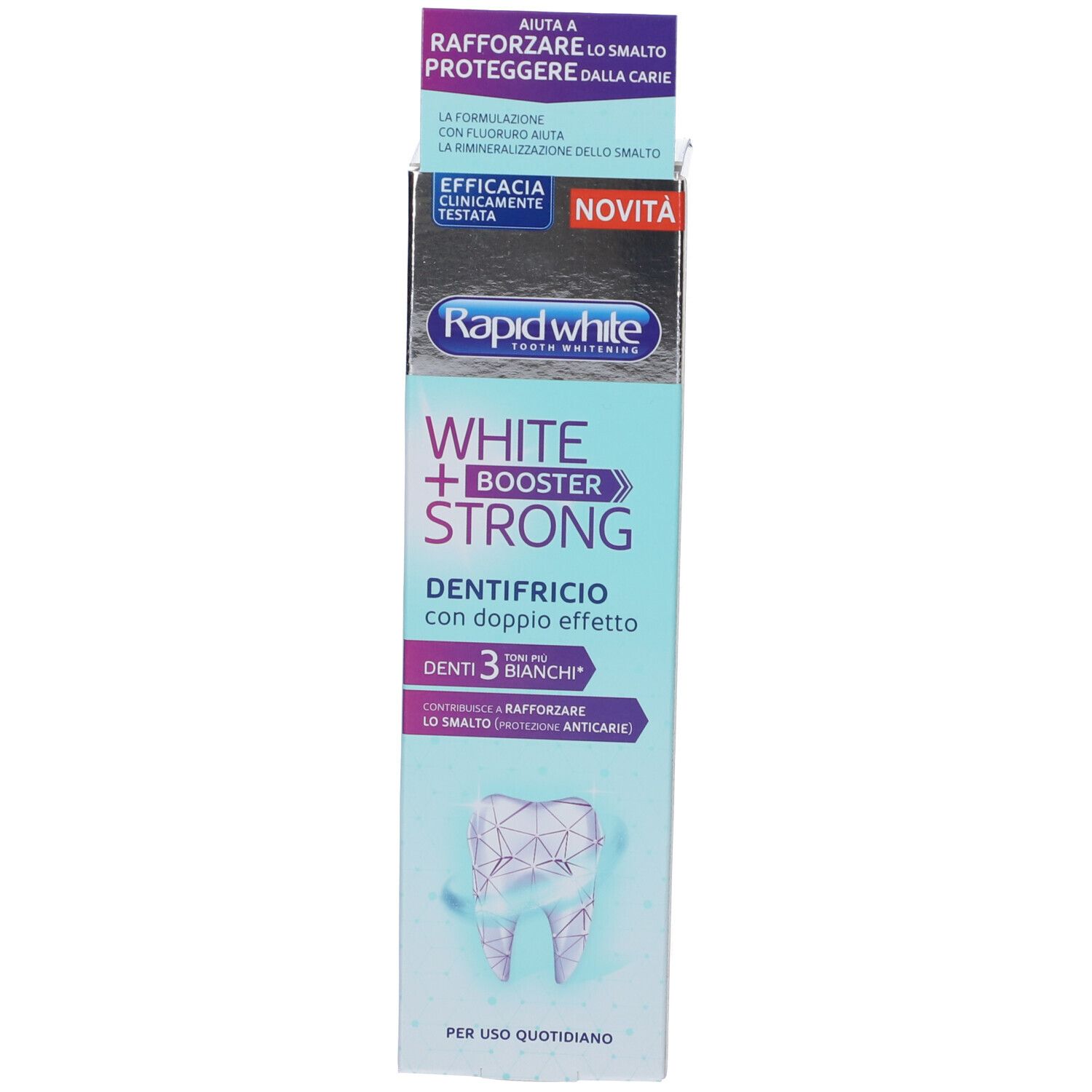 Confezione dentifricio 'Rapid White'. Contiene 'White + Booster Strong'. Doppia azione, 3 tonalità più bianche. Scritta 'Novità'.