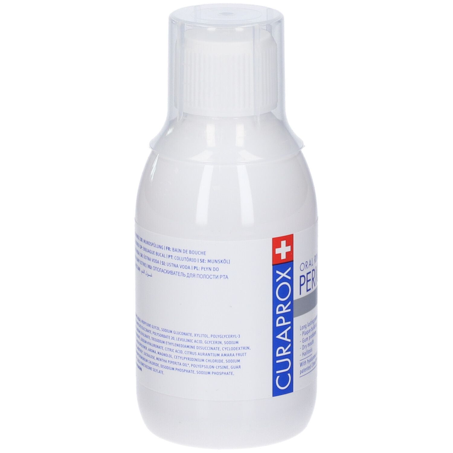 Flacone bianco con tappo trasparente. Retro con testo multilingue. Contiene ingredienti e informazioni sul produttore.
