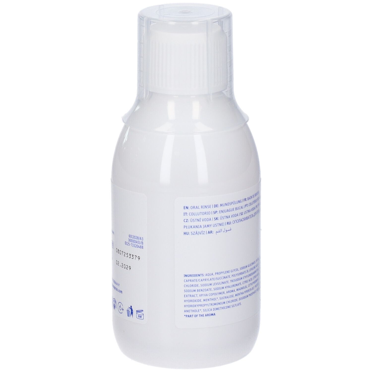 Flacone bianco con tappo trasparente. Retro con testo multilingue. Contiene ingredienti e informazioni sul produttore.