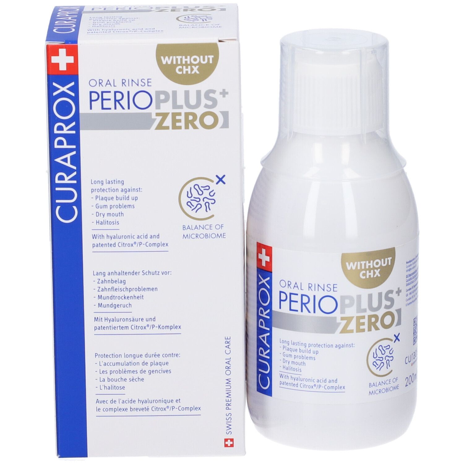 Confezione e flacone. Scritta: Curaprox, Perio Plus Zero. Contiene informazioni sul collutorio.