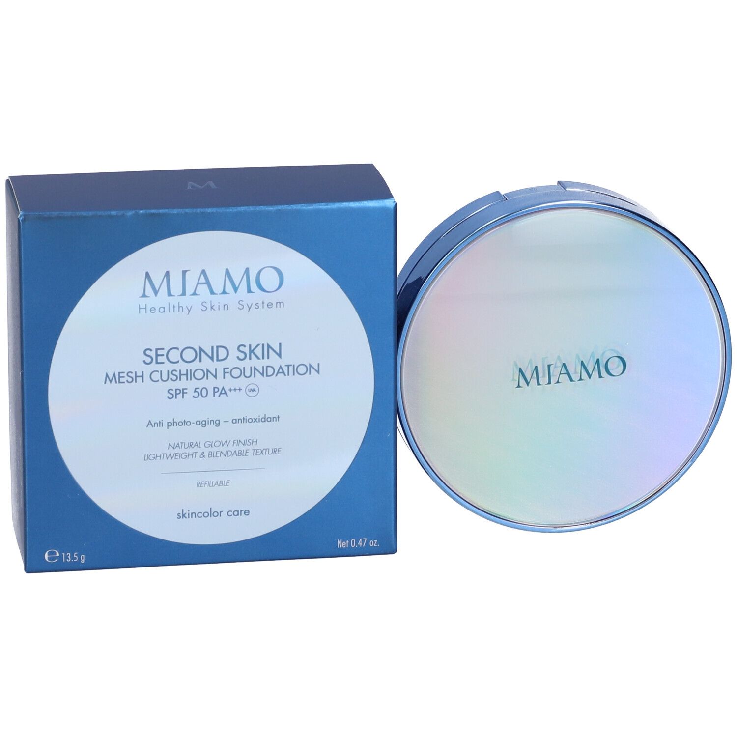 Confezione e scatola di fondotinta. Sulla scatola: Miamo, Second Skin Mesh Cushion Foundation, SPF 50 PA+++. Confezione chiusa.