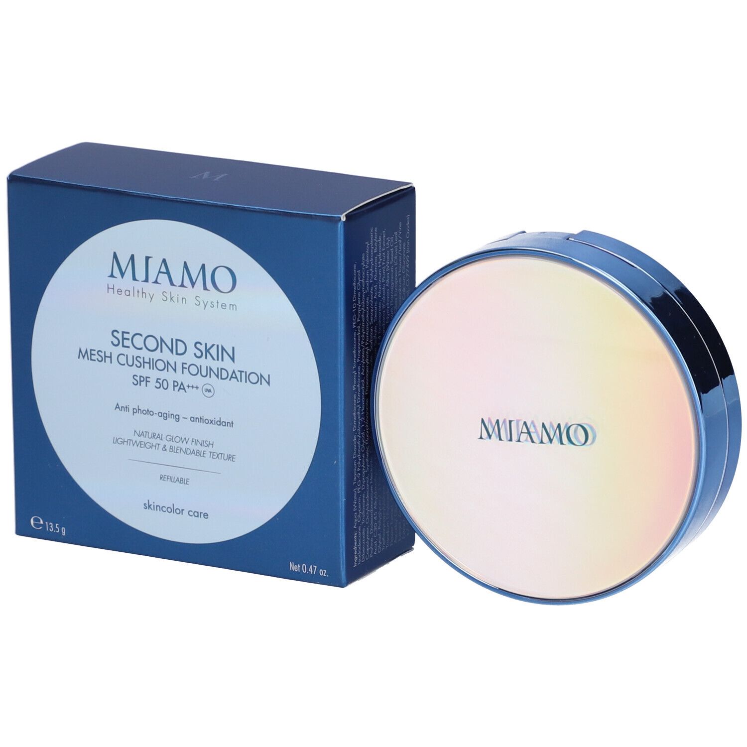Confezione e scatola di fondotinta. Sulla scatola: Miamo, Second Skin Mesh Cushion Foundation, SPF 50 PA+++. Confezione chiusa.