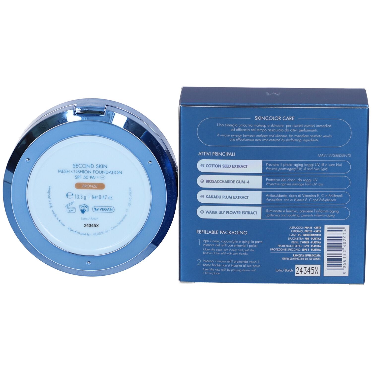 Confezione e scatola di fondotinta. Sulla scatola, si legge "MIAMO" e "Second Skin Mesh Cushion Foundation".