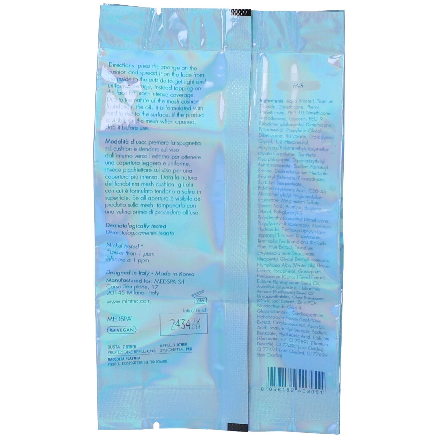 Retro di Miamo Second Skin Mesh Cushion Foundation Ricarica. Testo: Ingredienti, istruzioni per l'uso, dermatologicamente testato, testato al nichel.