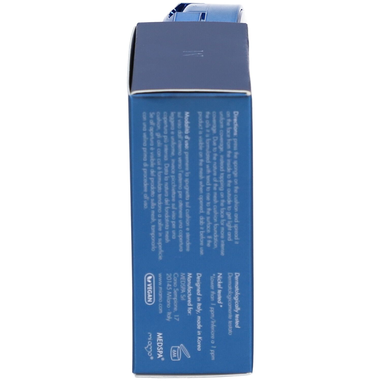 Scatola blu con testo. Sul lato c'è scritto: "Designed for Miamo". Contiene istruzioni e informazioni.