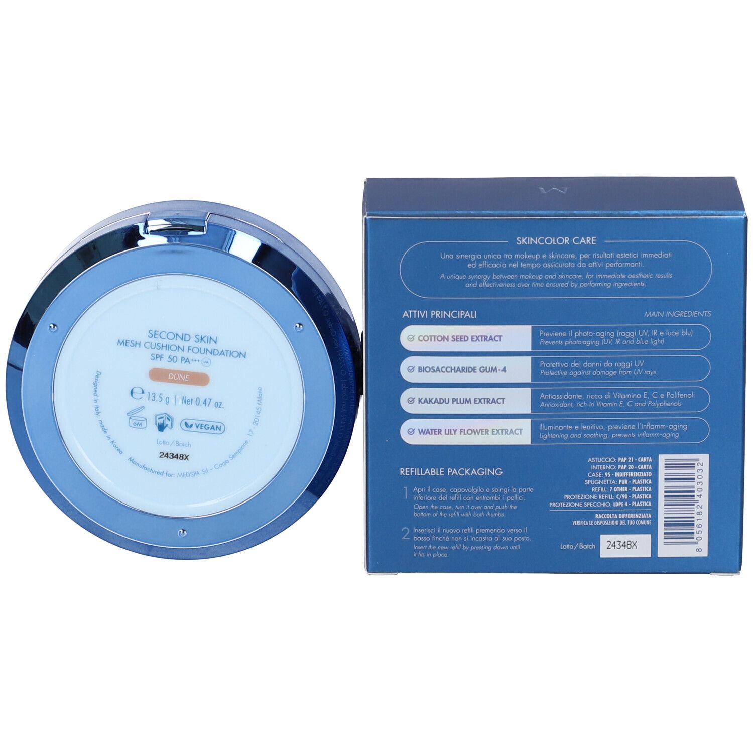 Contenitore blu e scatola. Sul contenitore è scritto "Second Skin Mesh Cushion Foundation SPF 50 PA+++ ".