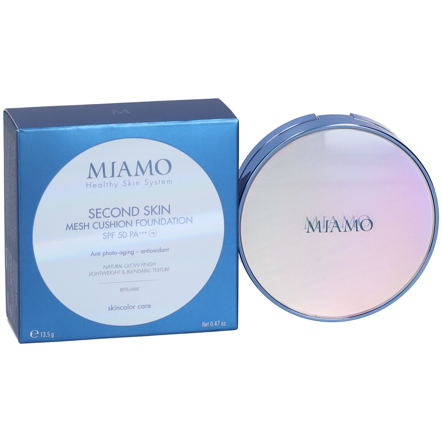 Contenitore blu rotondo e scatola. Sulla scatola è scritto "Miamo Second Skin Mesh Cushion Foundation SPF 50 PA+++ ".