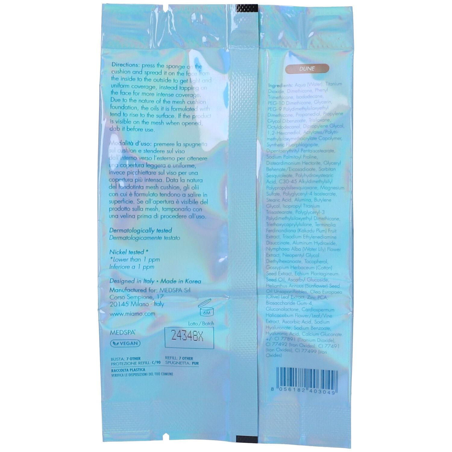 Retro di Miamo Second Skin Mesh Cushion Foundation. Ingredienti, istruzioni e tonalità 'Dune'.