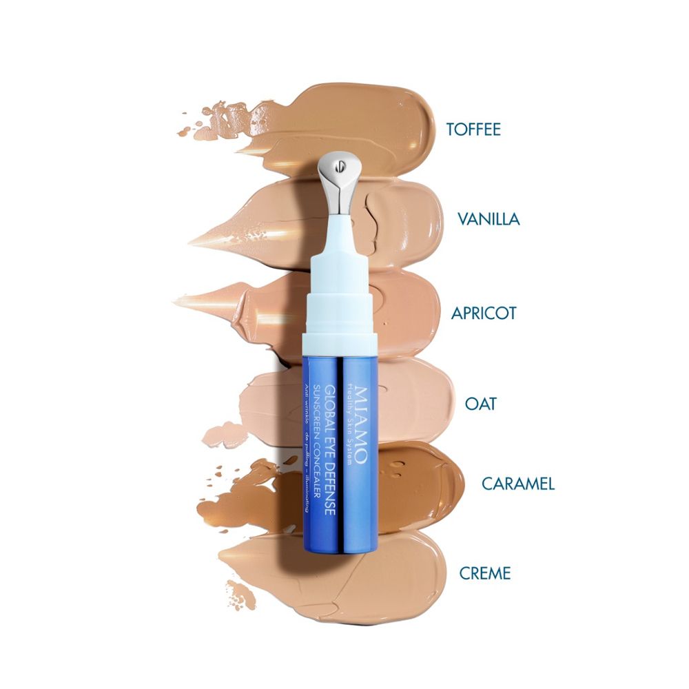 Sei tonalità di MIAMO Global Eye Defence Sunscreen Concealer. Colori: Toffee, Vanilla, Apricot, Oat, Caramel, Crème.