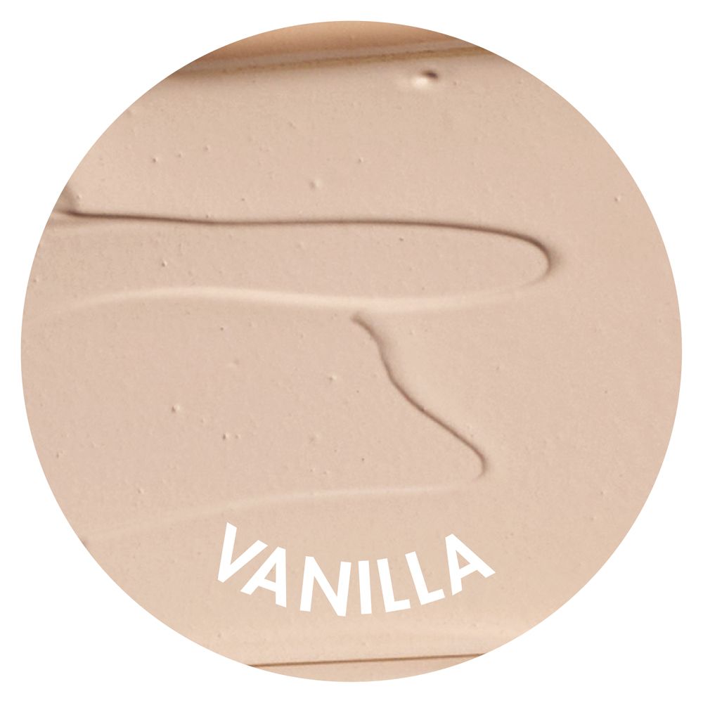 Macchia rotonda di crema colorata color Vanilla. Scritta Vanilla.