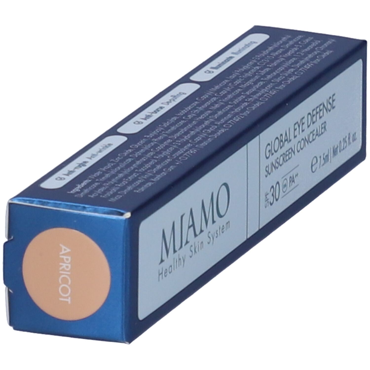 Confezione blu e bianca. Nome del prodotto, SPF 30 e tonalità APRICOAT. Marchio: MIAMO.
