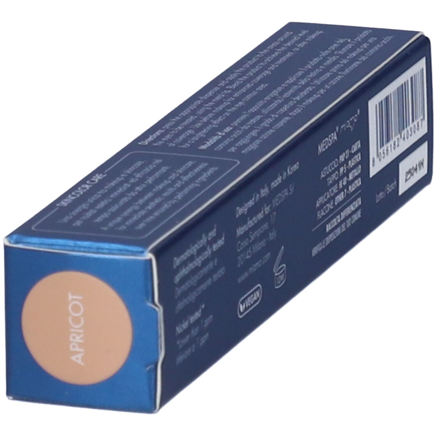 Confezione blu con testo e tonalità APRICOAT. Informazioni sulla produzione. Vegano.