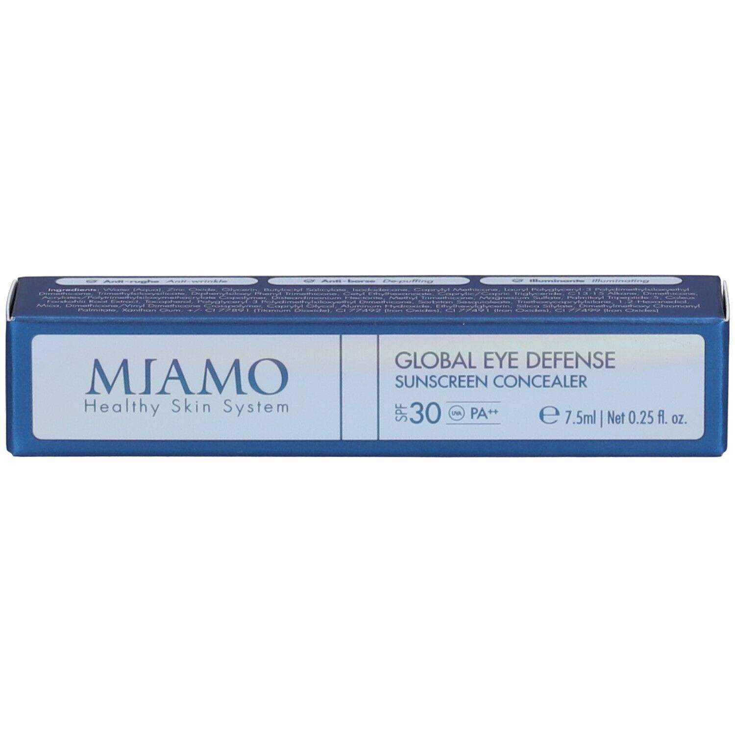Confezione blu e bianca. Nome del prodotto e SPF 30. Contiene 7,5 ml. Marchio: MIAMO.