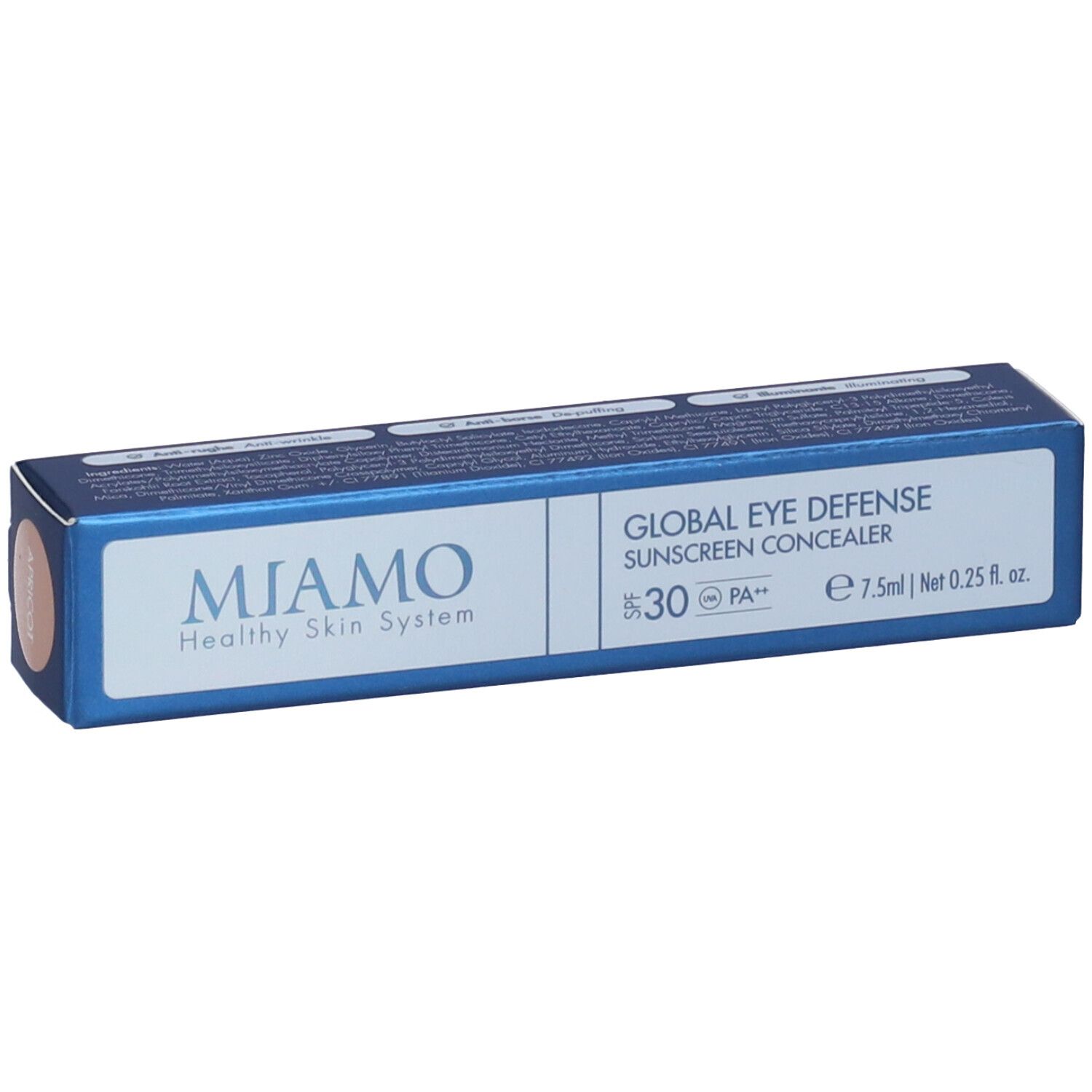 Confezione blu e bianca. Nome del prodotto, SPF 30 e tonalità. Contiene 7,5 ml. Marchio: MIAMO.
