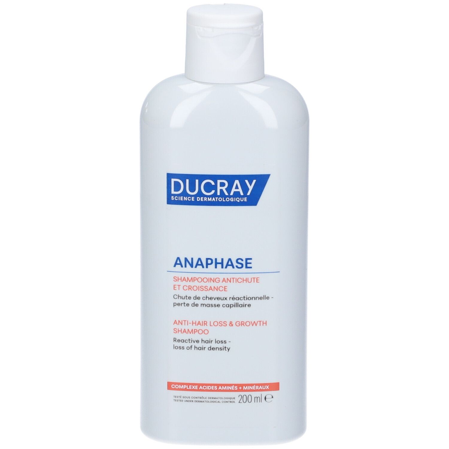 Flacone bianco con etichetta blu. Scritta: DUCRAY, ANAPHASE, shampoo anticaduta e crescita. 200 ml.